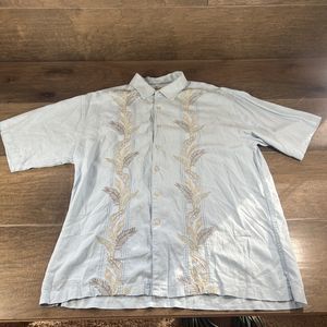 Tommy Bahama Linen Hawaiian Shirt  Mens XL blue Floral Embroidered Short Sleeve